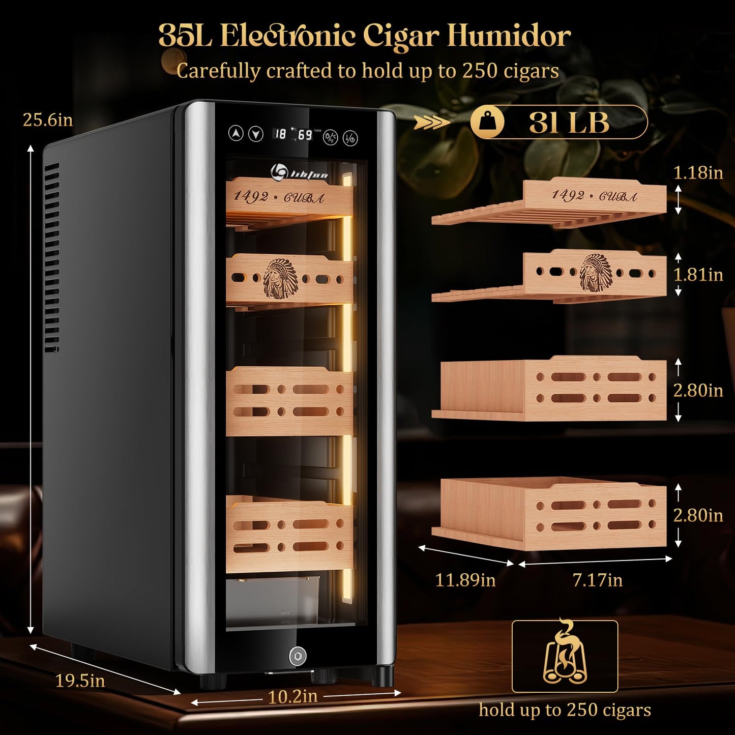 LIHTUN 35L Electric Cigar Humidor Cabinet with Digital Display & Cedar Shelves