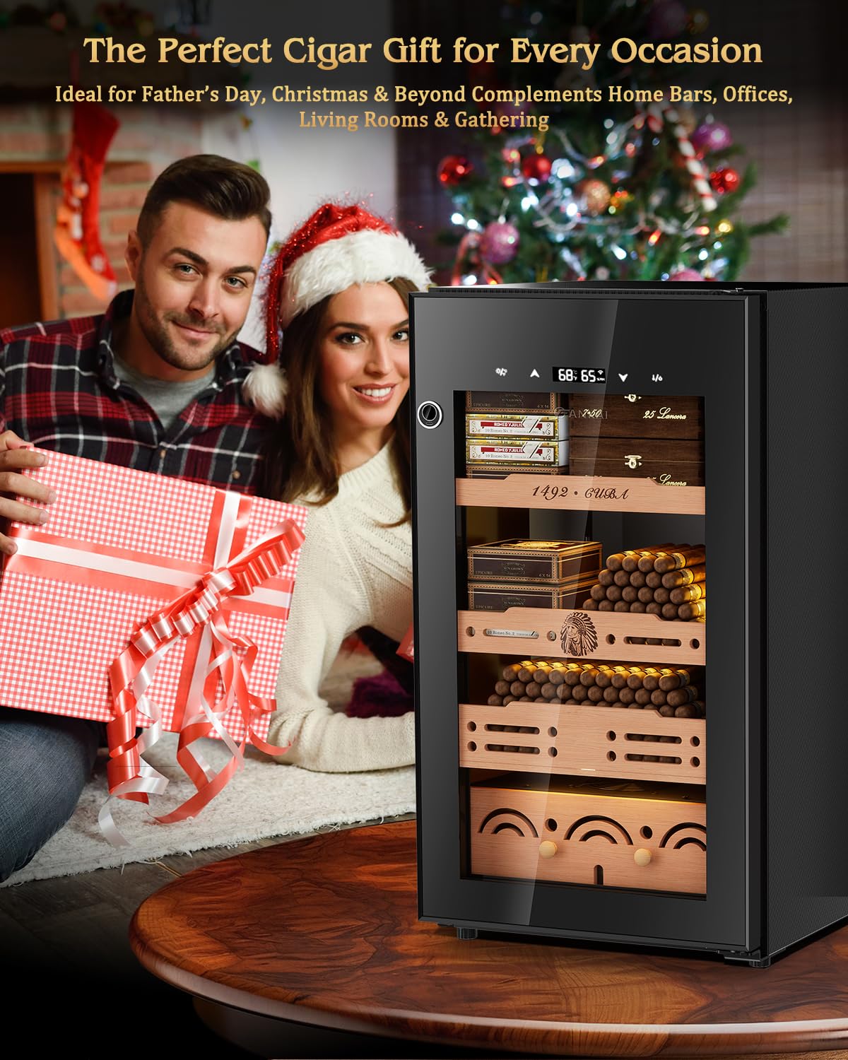 75L Electric Cigar Humidor Cabinet with Fingerprint Lock & Climate Control