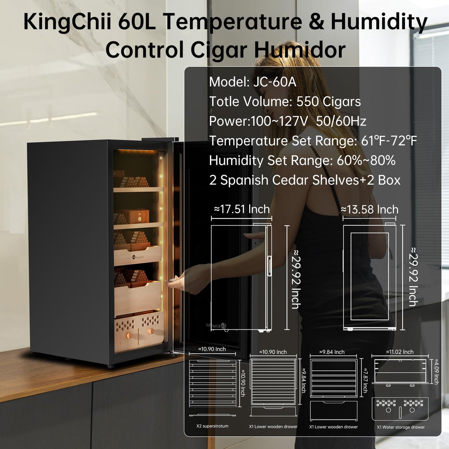 KingChii 60L Electric Cigar Humidor with Compressor Cooling & Humidity Control