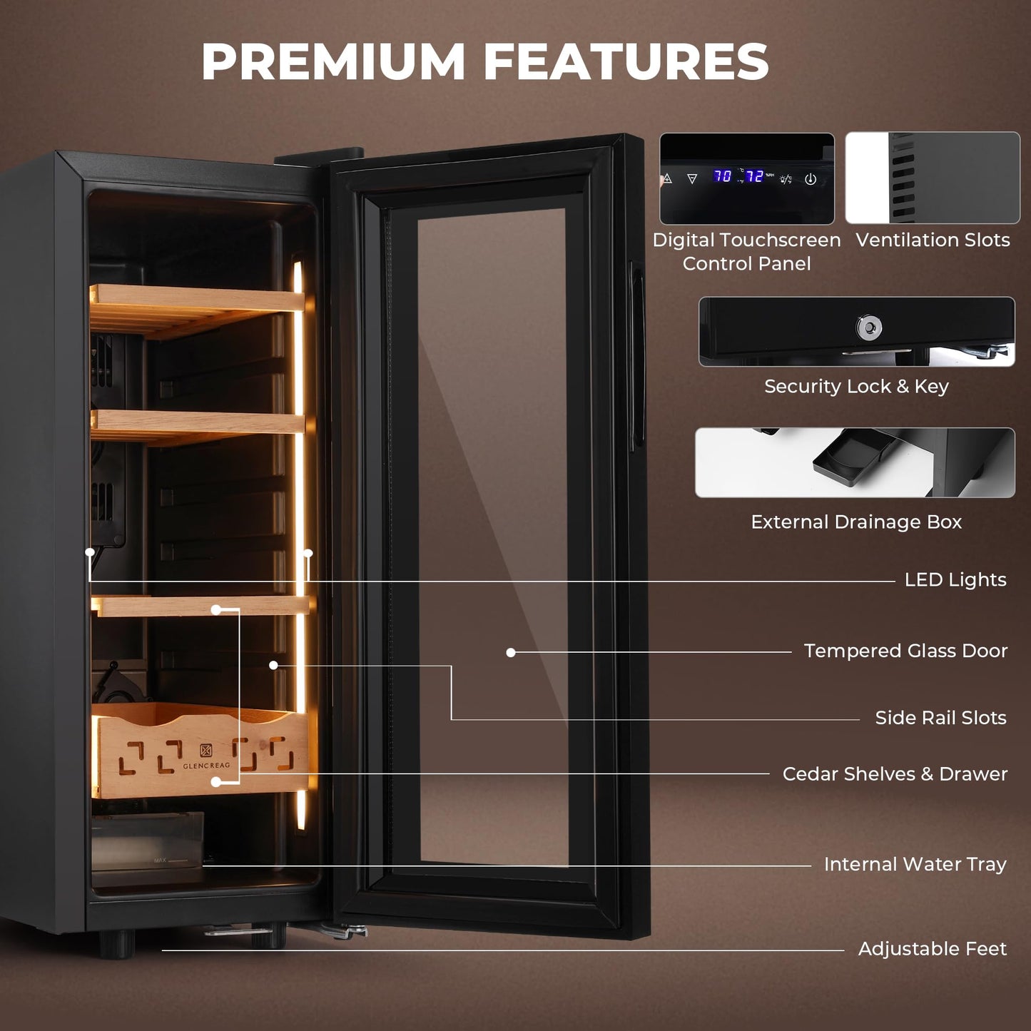 Glencreag 35L Electric Cigar Humidor with Thermoelectric Cooling & LED Lighting