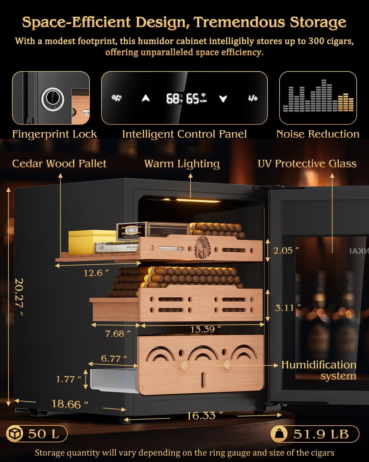 FANKAI 50L Electric Cigar Humidor with Fingerprint Safety Lock & LED Screen