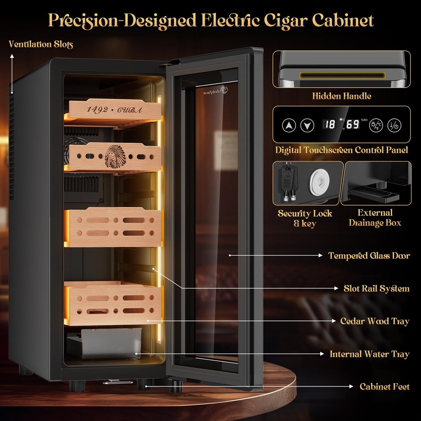 LIHTUN 35L Electric Cigar Humidor Cabinet with Digital Display & Cedar Shelves