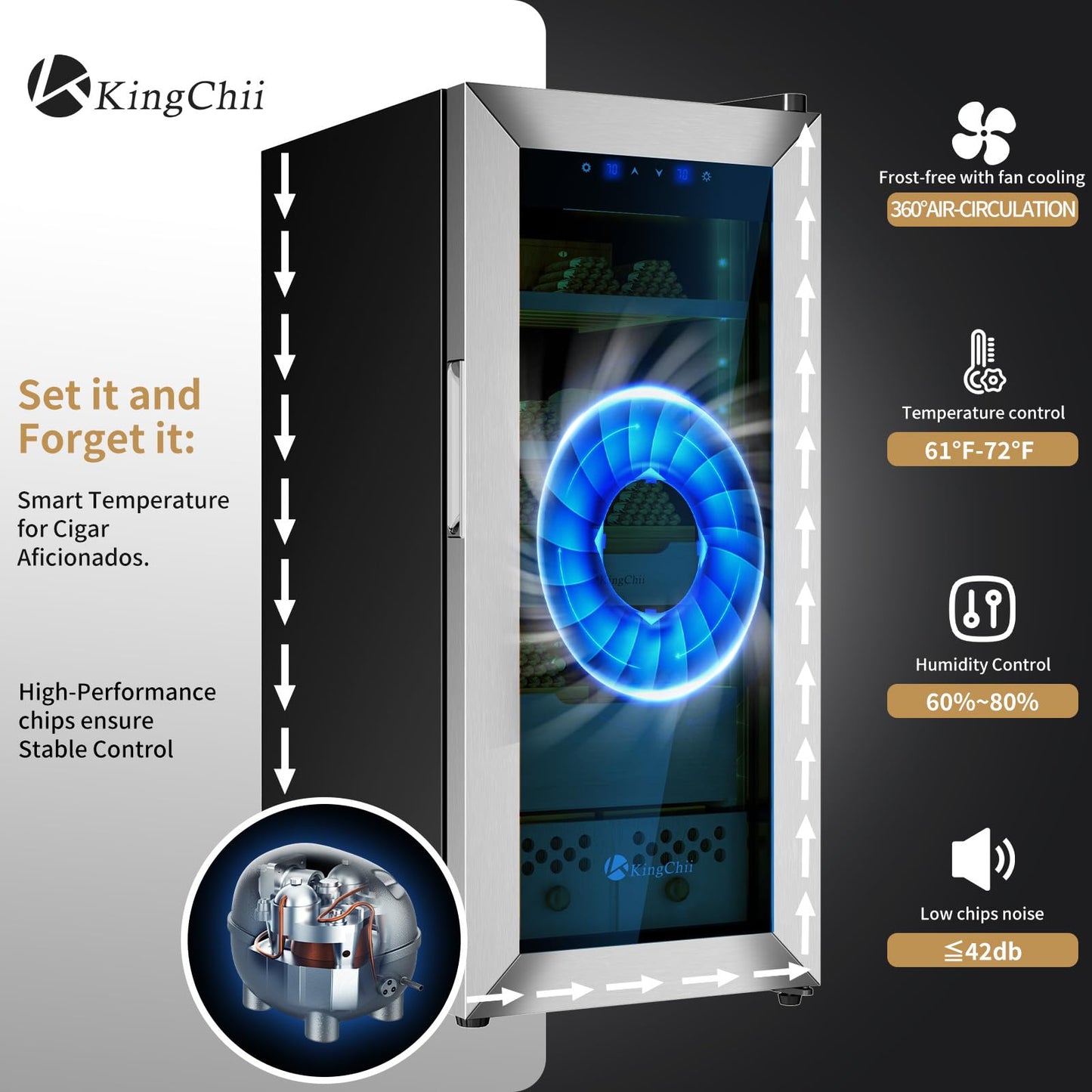 KingChii 60L Electric Cigar Humidor with Compressor Cooling & Humidity Control
