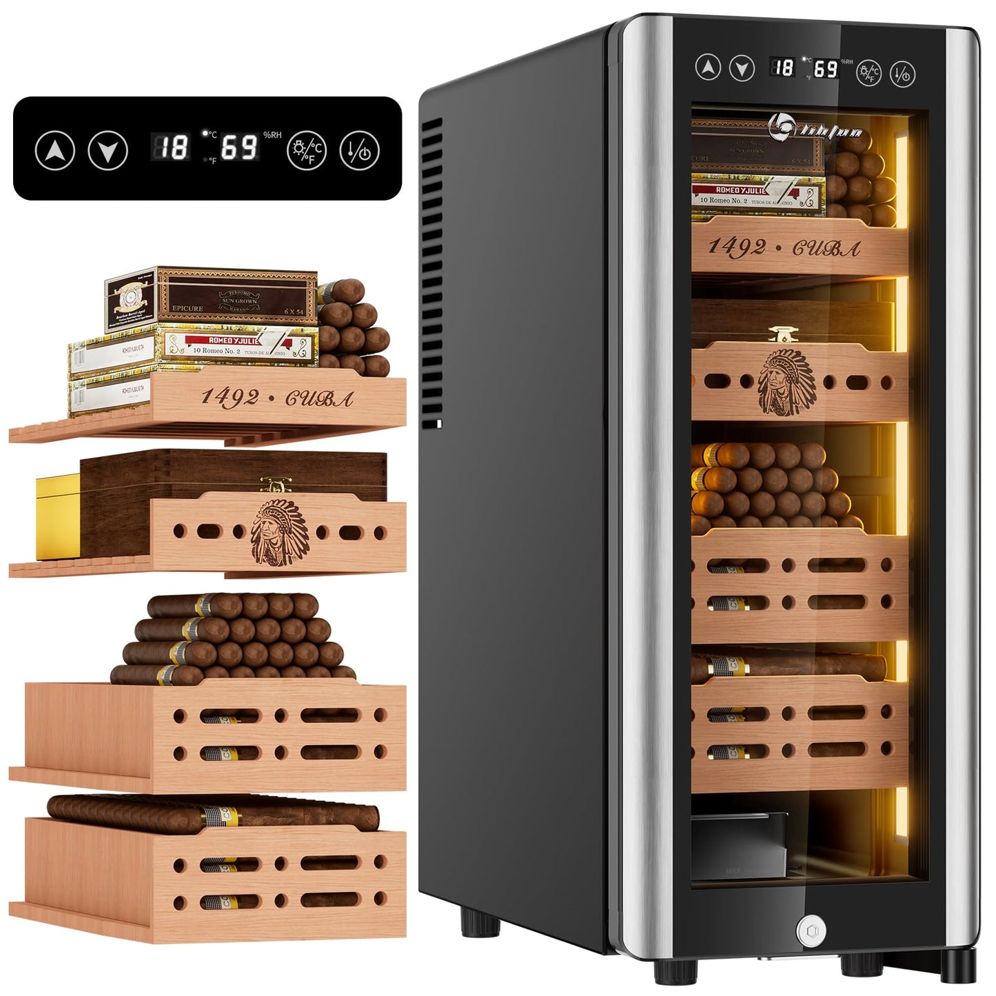 LIHTUN 35L Electric Cigar Humidor Cabinet with Digital Display & Cedar Shelves