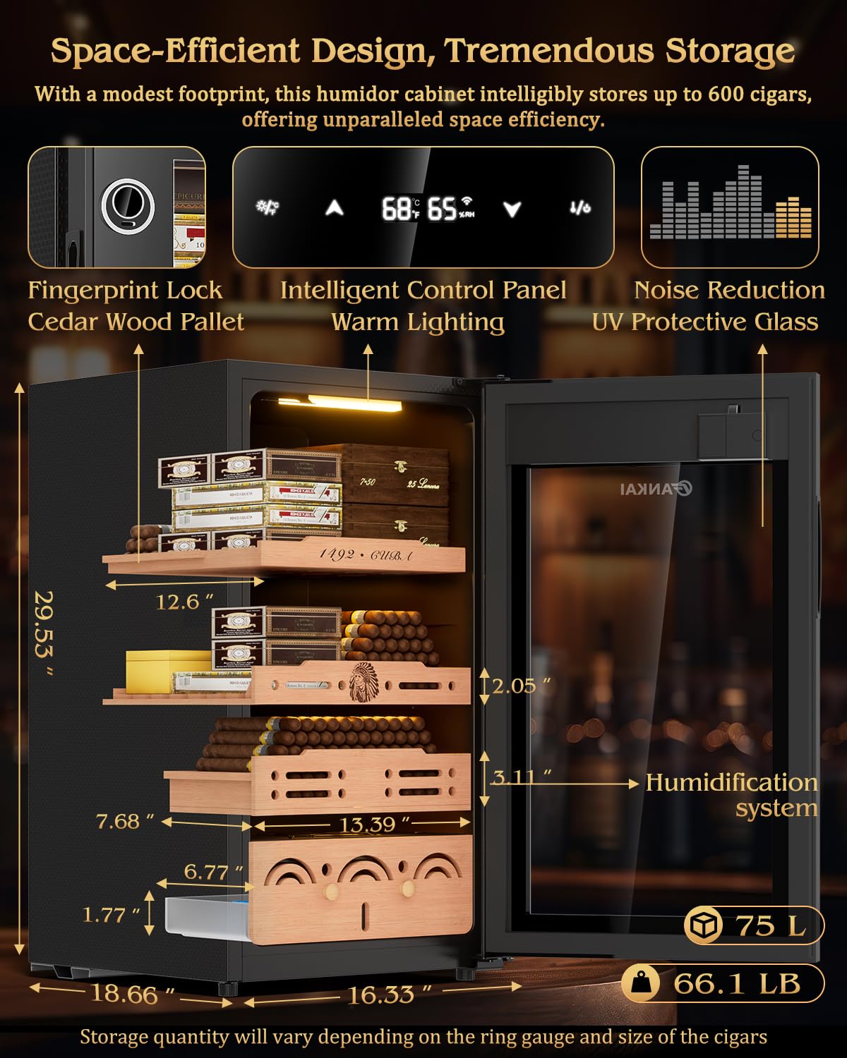 75L Electric Cigar Humidor Cabinet with Fingerprint Lock & Climate Control