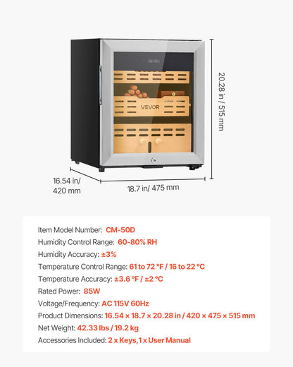 VEVOR 50L Electric Cigar Humidor Cabinet with Compressor Cooling & Cedar Shelves