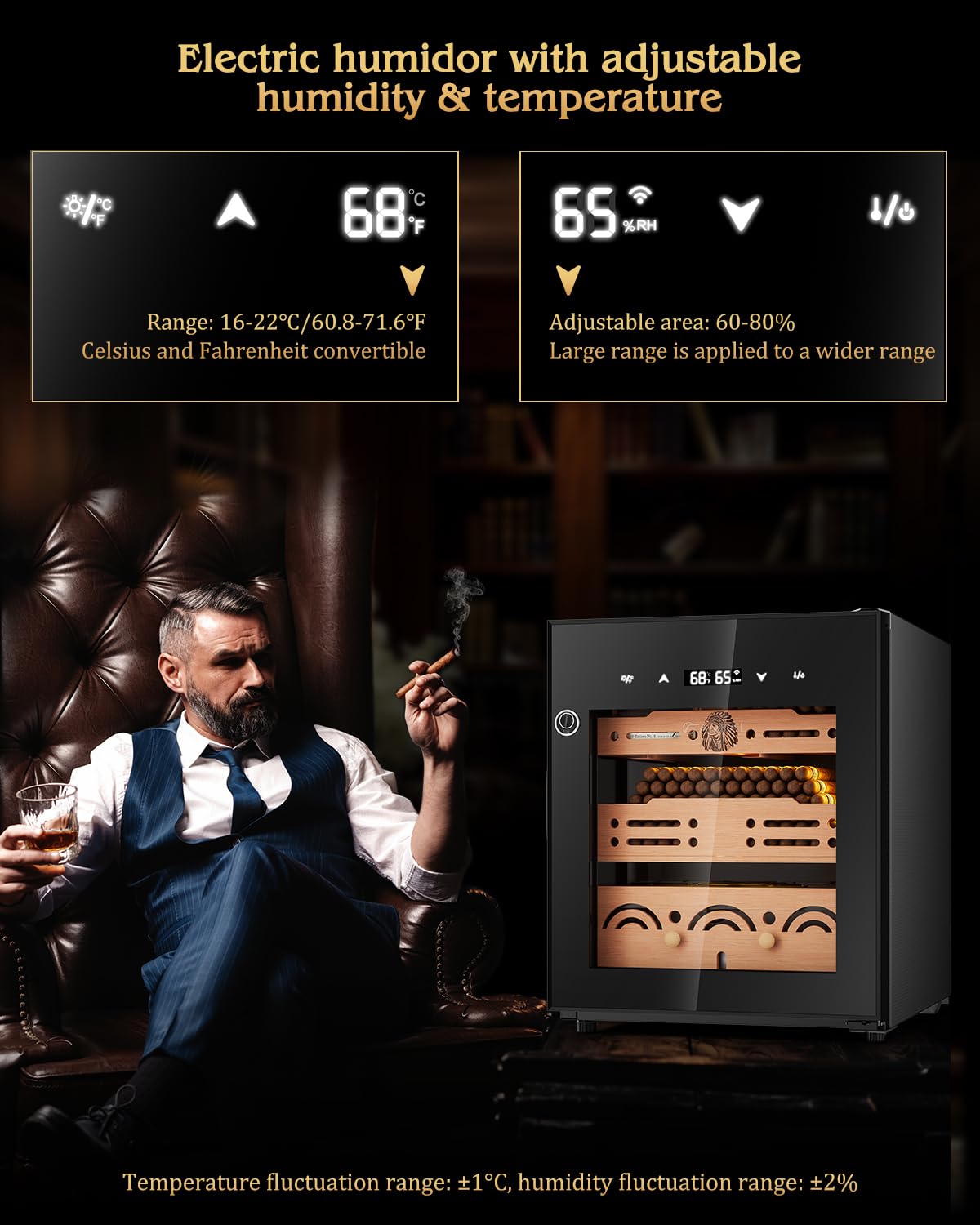 FANKAI 50L Electric Cigar Humidor with Fingerprint Safety Lock & LED Screen
