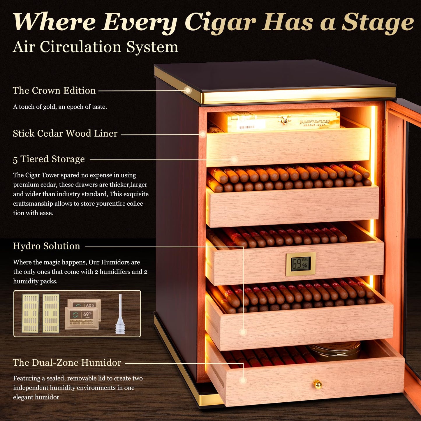 Luxury Desktop Cigar Humidor Cabinet with Digital Hygrometer & Cedar Drawers
