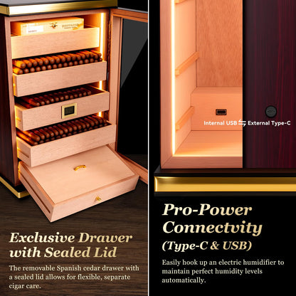 Luxury Desktop Cigar Humidor Cabinet with Digital Hygrometer & Cedar Drawers