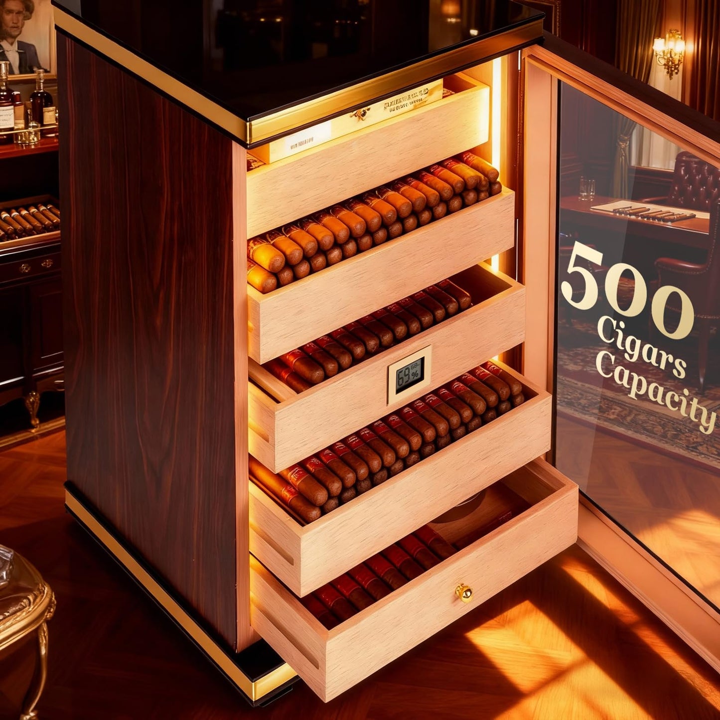Luxury Desktop Cigar Humidor Cabinet with Digital Hygrometer & Cedar Drawers